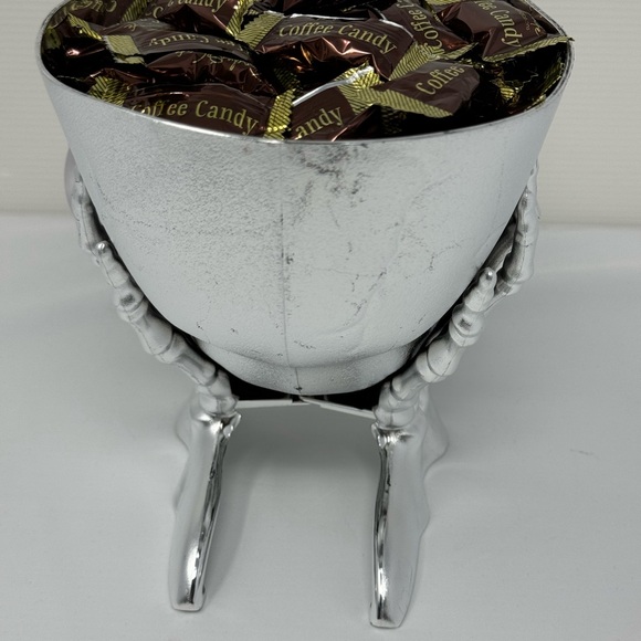 Halloween Skeleton Skull In Hands Candy Planter Bowl Silver Color NWT 5” X 7.5” - Picture 15 of 16